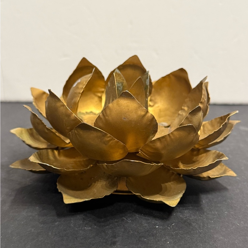 Vintage Gold toned metal Lotus flower Candle Holder tea light or taper candle